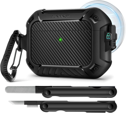 Étui pour AirPods avec verrouillage, porte-clés et kit de nettoyage